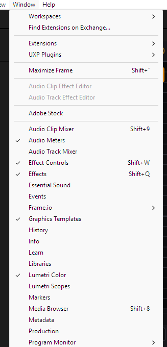 Premiere Pro Window menu showing Graphics Templates