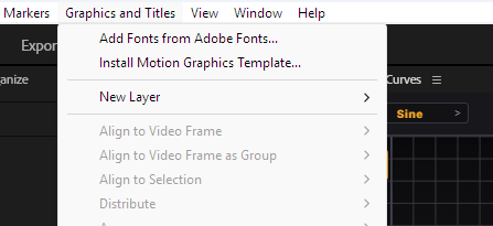 Premiere Pro Graphics and Titles menu showing Install Motion Graphics Template
