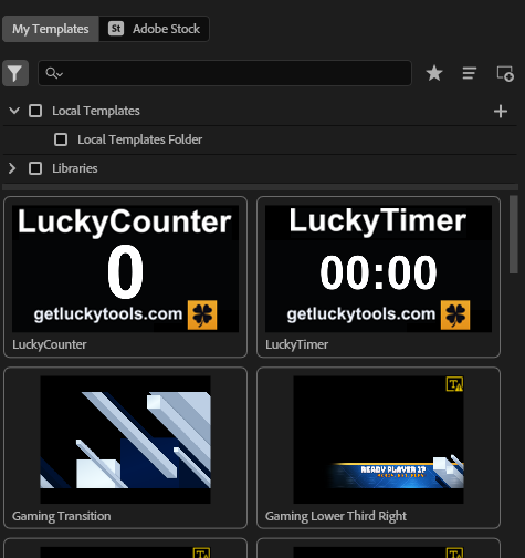 Premiere Pro My Templates panel showing LuckyCounter and LuckyTimer